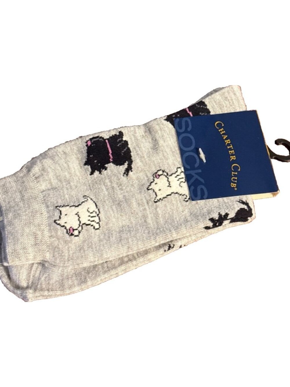 Vtg Womens Charter Club Grey Crew Socks White & Black Dog Print Mothers Day NWT - Picture 4 of 4